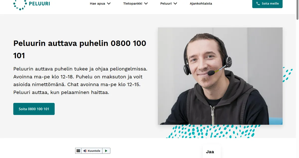 Peluurin etusivu, jolla on maksuton auttava puhelin