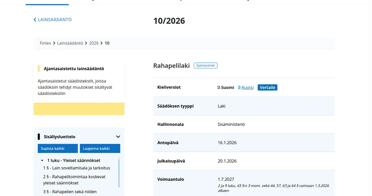 Rahapelilain 10/2026 sivu Finlexin säädöskokoelmassa